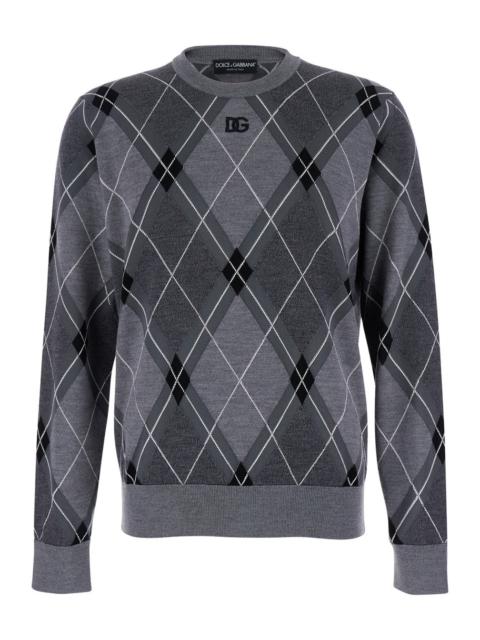 Dolce & Gabbana Dolce & Gabbana Men Grey Crew Neck Sweater With Front Logo And Diamond Pattern In Wool Blend Man
