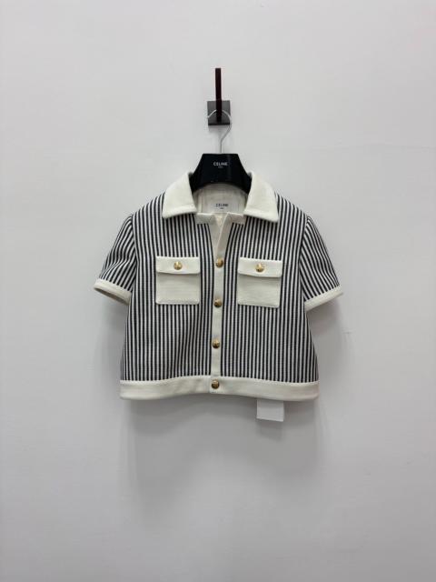 CELINE Celine SS23 White Blue Stripe Gold Button Short Sleeve Jacket