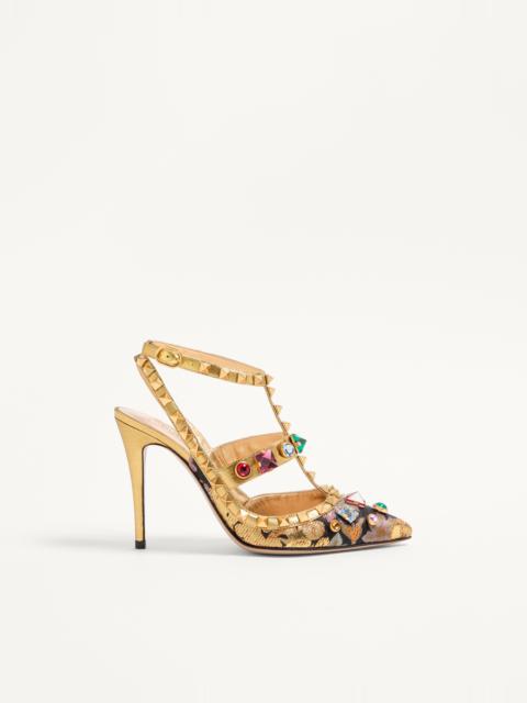 Valentino ROCKSTUD PUMPS WITH STRAPS IN JACQUARD APRES L'HIVER FABRIC WITH CRYSTALS 100MM
