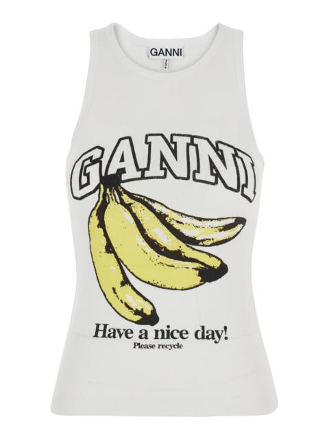 GANNI Ganni Women White Sleeveless Top With Logo Lettering Print And Bananas On The Front In Cotton For Wo