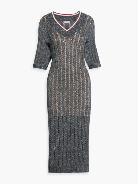 Brunello Cucinelli Sequin-embellished open-knit linen-blend midi dress