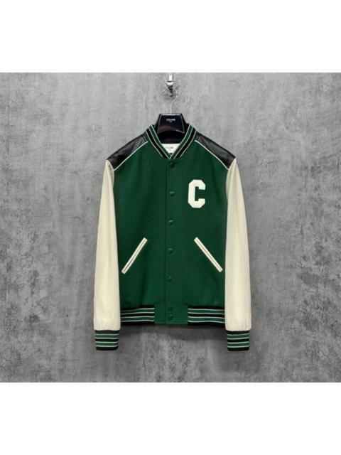 CELINE Celine flocked embroidered logo patchwork baseball jacket