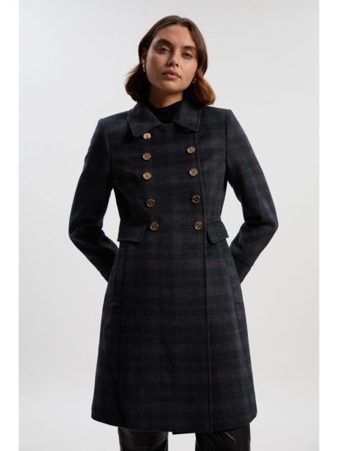KAREN MILLEN Wool Button Front Check Double Breasted Tailored Princess Coat