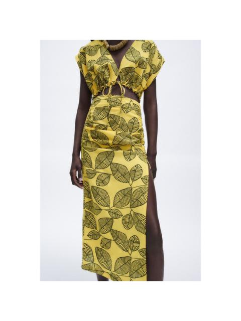 Zara Yellow Linen Blend Leaf Print Skirt & Crop Top Co-ord Set