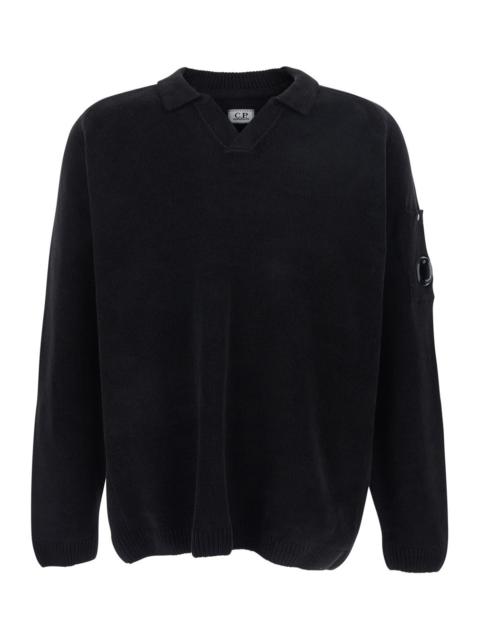 C.P. Company C.P. Company Men Black Sweater With Polo Shirt Style Collar And Google Plaque On The Sleeve In Cotto