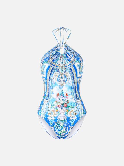 CAMILLA DIAMOND NECK HALTER ONE PIECE WITH U RING FRONT