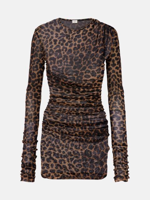 SAINT LAURENT Leopard-print ruched tulle minidress