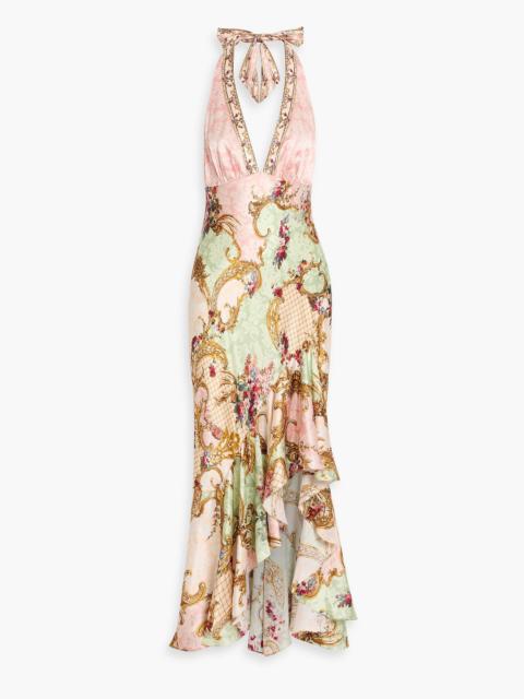 CAMILLA Crystal-embellished printed silk-satin halterneck maxi dress