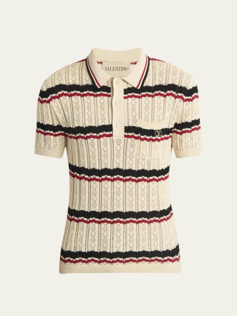 Men's Stripe Cotton Eyelet VLogo-Pocket Polo Shirt