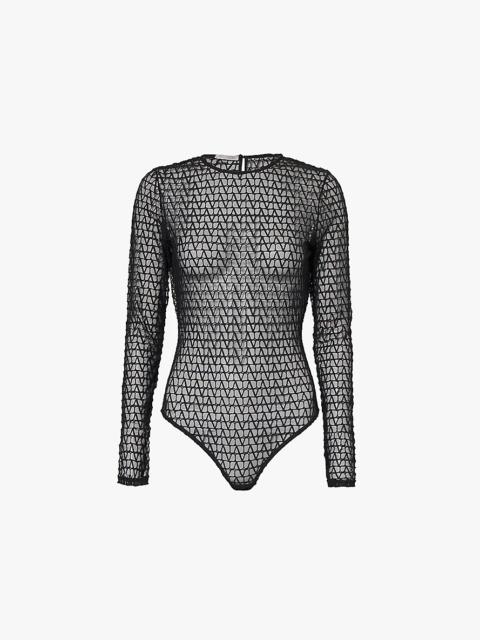 Round-neckline logo-embroidered mesh bodysuit