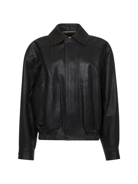 Saint Laurent Women Brown Grained Lambskin Bomber Jacket