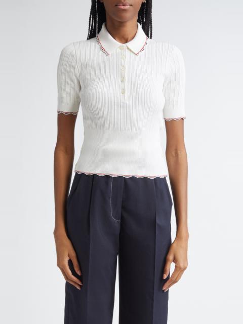 Thom Browne Thom Browne Tuck Scallop Trim Silk & Cotton Pointelle Stitch Polo in White at Nordstrom