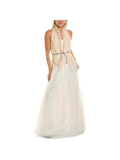 Brunello Cucinelli Brunello Cucinelli Champagne Halter Gown With Fringe, Size Medium