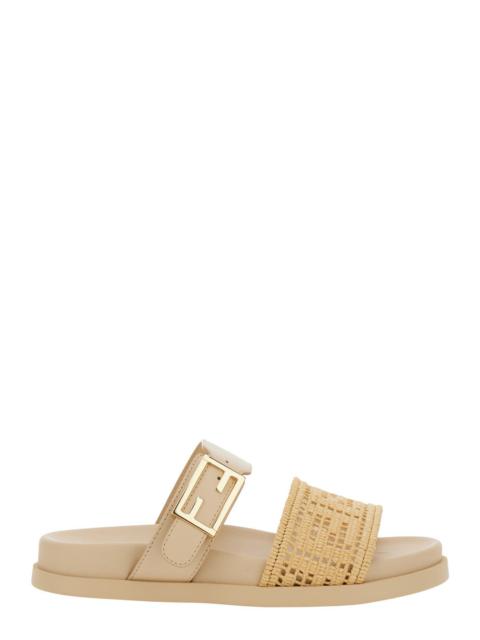 Fendi Women ‘Feel’ Beige Sandals With Metallic Ff Plaque And Embroidered Logo On Front In Fabric Wom