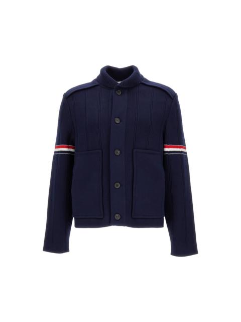 Dark Blue Knitted Jacket With Tricolor Details In Cotton Blend Man