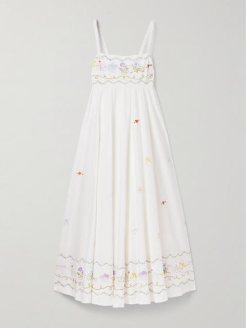 ALÉMAIS Giulia Shirred Embroidered Organic Cotton-poplin Maxi Dress
