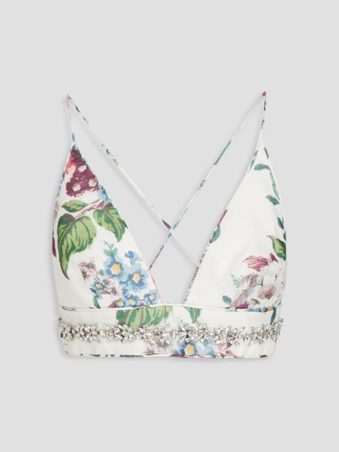 Zimmermann Crystal-embellished floral-print linen and silk-blend bra top