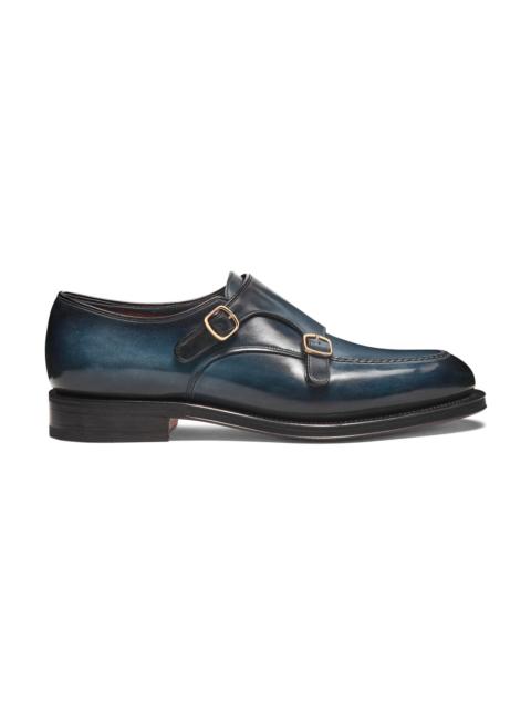 Santoni Men's blue leather double-buckle shoe