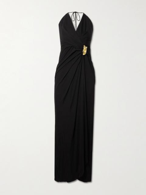 REBECCA VALLANCE Zaley Draped Embellished Jersey Halterneck Maxi Dress