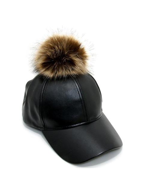 Faux Fur Pom Pom Faux Leather Baseball Hat