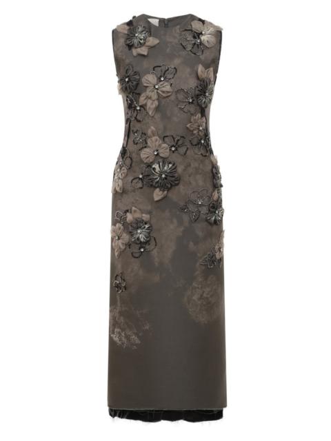 Miu Miu Graphite Grey Organza Floral Appliqué Beaded Sheath Dress