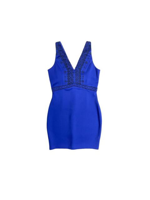 Other Designers Guess Blue Dress Embroidered V Neck Scuba Knit Mini Sheath Dress SZ 12 NWT $108