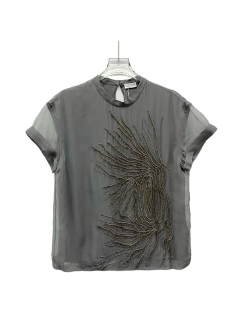 Brunello Cucinelli Brunello Cucinelli Gray Embroidered Silk Crew Neck Short Sleeve T-Shirt