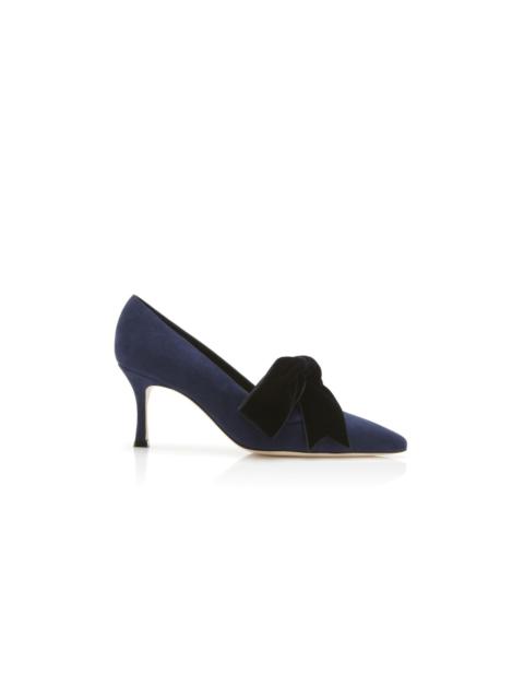 Manolo Blahnik Navy Blue Suede and Velvet Bow Detail Pumps