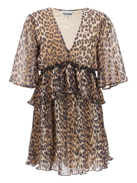 Ganni Pleated Mini Dress With Leopard Motif