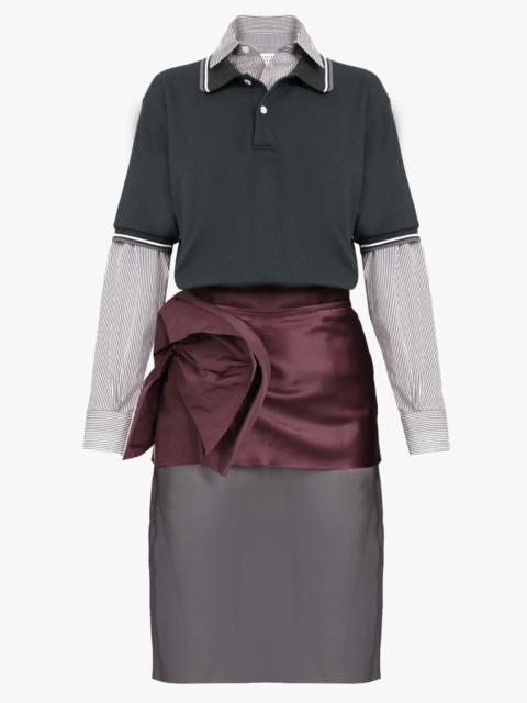 POLO X SHIRT L/S MIDI DRESS WITH RUCHED DETAIL SHEER SKIRT | GREEN/BURGUNDY