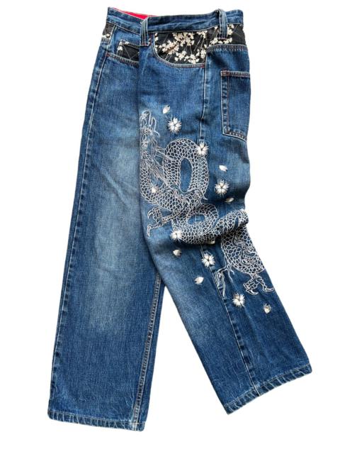 Other Designers Japanese Brand - Vintage Sukajan Sakura Dragon Embroidered Baggy Denim Jeans