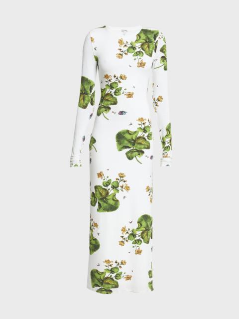 Leaf Print Midi Dress with Side Slits