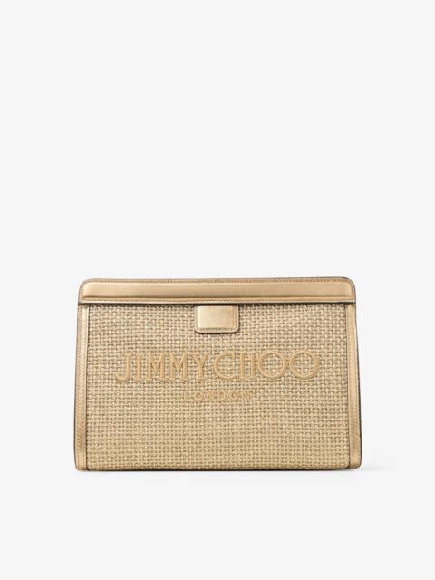 JIMMY CHOO Avenue  Pouch
Gold and Dark Cappuccino Metallic Embroidered Raffia Pouch