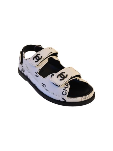 CHANEL Chanel Printed Lambskin CC Velcro Dad Sandals White Black