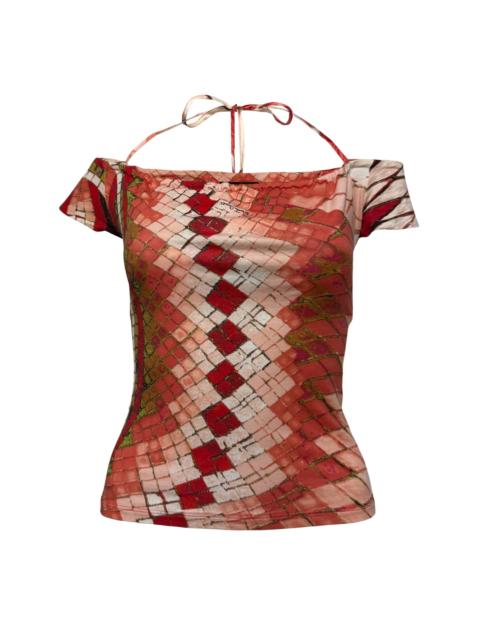 Roberto Cavalli ROBERTO CAVALLI Spring Summer 2004 Abstract Print Off-Shoulder Top with Crystal & Feather Charms