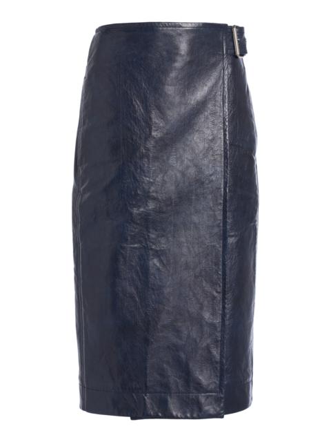 Bottega Veneta Belted Embossed-Leather Midi Pencil Skirt navy