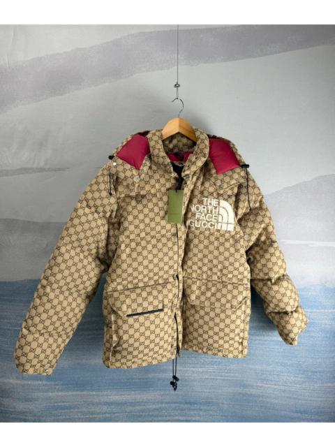 GUCCI Gucci x The North Face Khaki All-Over Embroidered Down Jacket