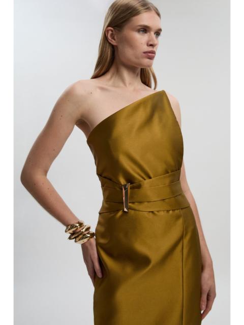 KAREN MILLEN Satin Twill Trim Detail Structured Asymmetric Neck Tailored Midi Dress