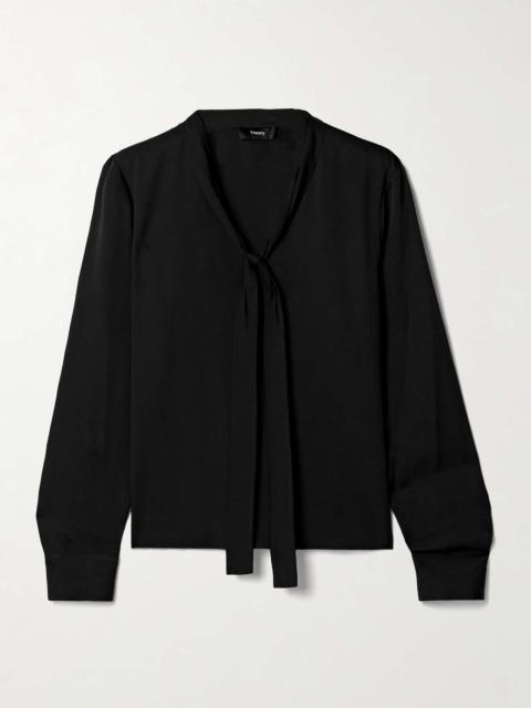 Tie-neck silk crepe de chine blouse Black