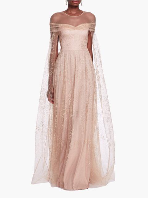 Marchesa OFF-SHOULDER GLITTER CAPE GOWN