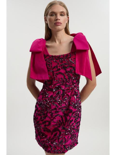 KAREN MILLEN Velvet Sequin Woven Mini Dress With Taffeta Bow Tie Detail