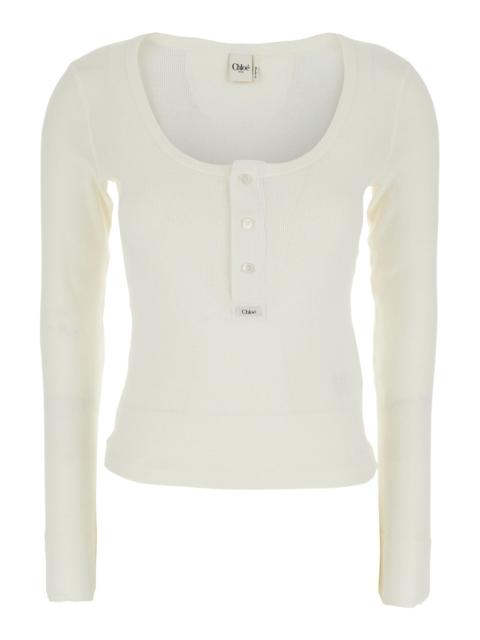 Chloé Chloé Women White Long-Sleeve T-Shirt With Logo Patch On The Front And Ribbed Knit In Cotton Woman