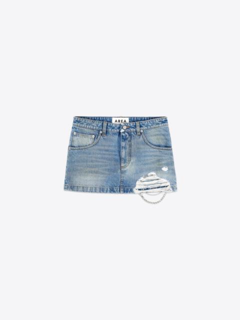 AREA CRYSTAL FRAY DENIM MINI SKIRT