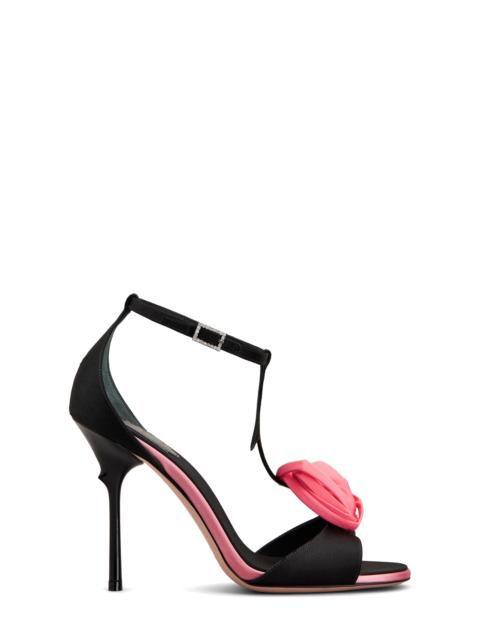 Roger Vivier Roger Vivier Rose Vivier Satin T-Strap Sandal in Nero/Geranio at Nordstrom