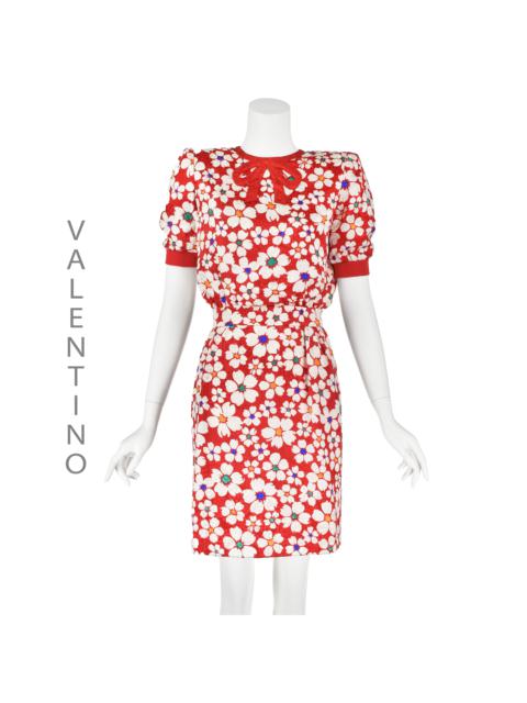 Vintage Red & White Floral Silk Dress w Puffed Sleeves