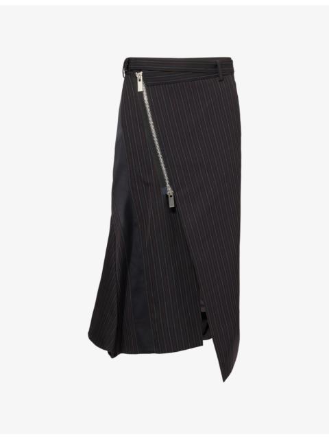 sacai Stripe-Pattern Belted Wool-Blend Midi Skirt