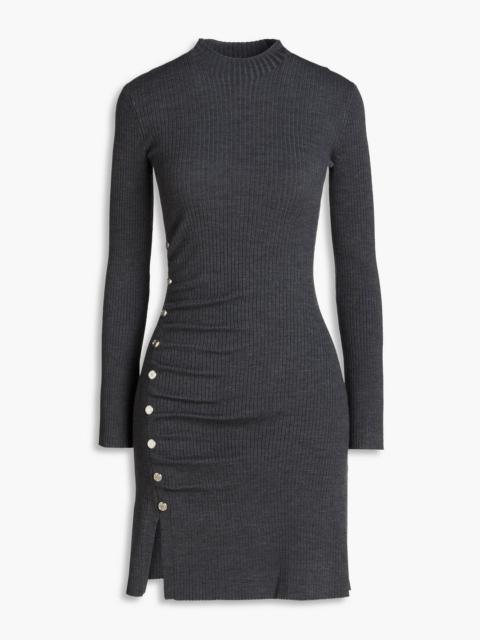 maje Button-embellished ribbed-knit mini dress