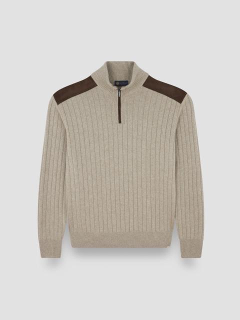 Paul & Shark WOOL CASHMERE HALF ZIP SWEATER WITH SUEDE DETAILS