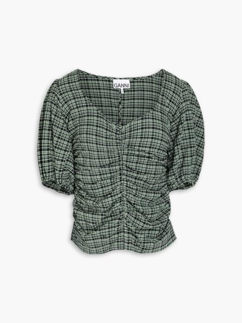 GANNI Ruched checked seersucker top