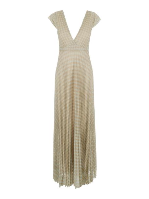 forte_forte Forte_Forte Women Long 'Forte' Dress With Deep V-Neck And All-Over Plissé Decorations In Metallic Vi
